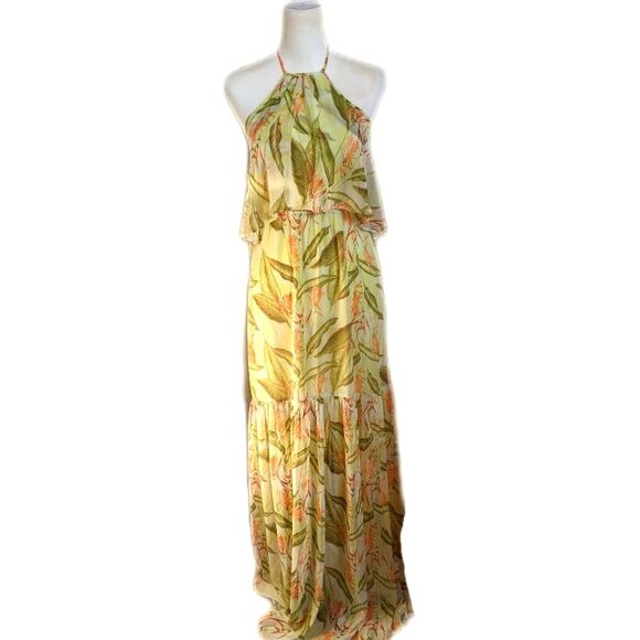 BCBGeneration lime colored tropical floral print halter maxi dress S - Picture 2 of 10